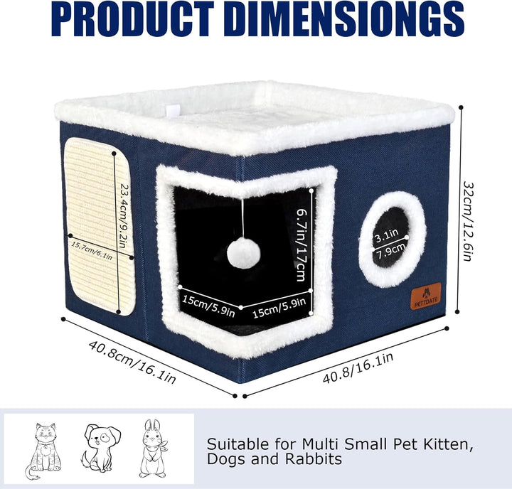 Katzenbetten für Indoor-Katzen, überdachtes Katzenhöhlenbett mit Kratzunterlage und flauschigem Ball