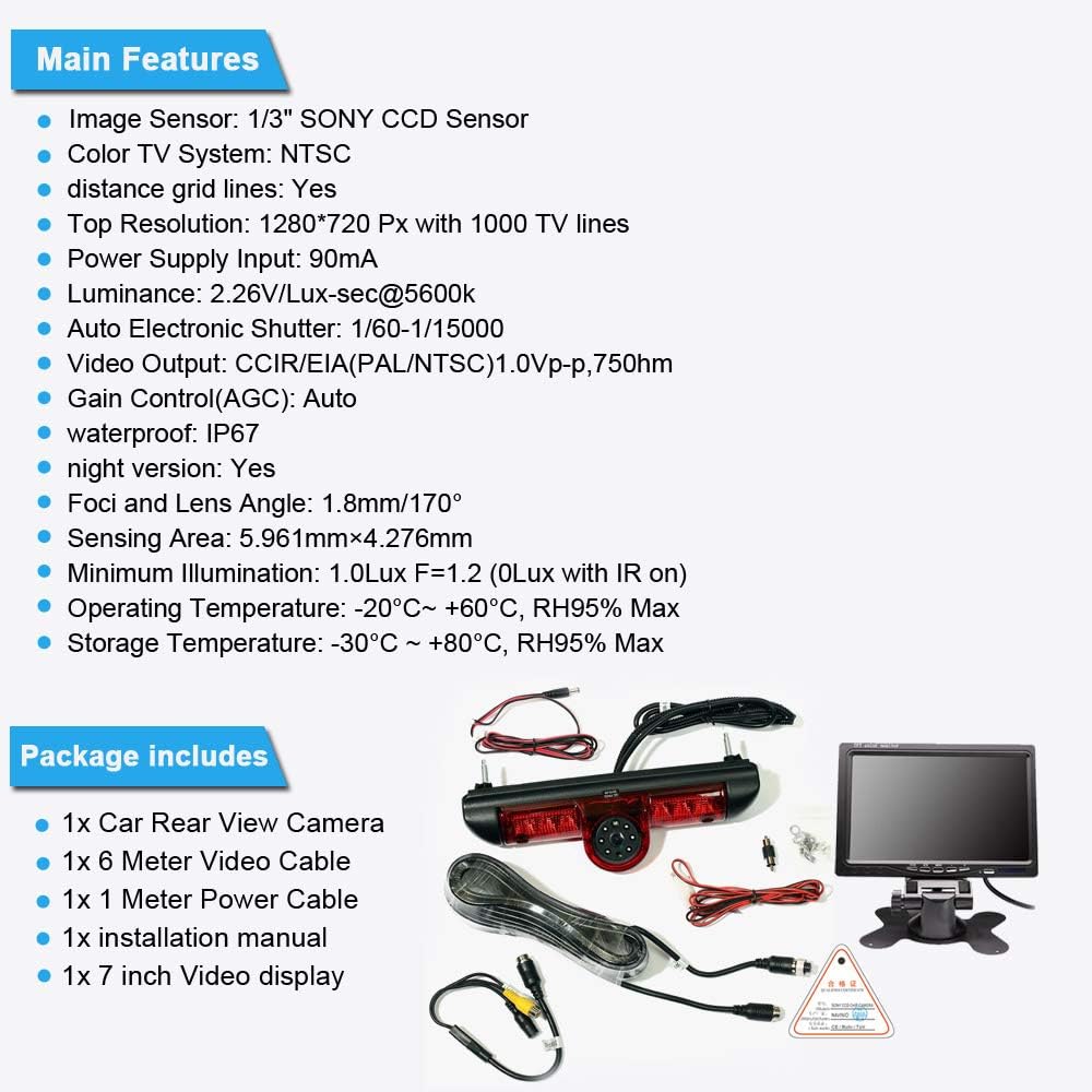 Rückfahrkamera Transportster+7 Zoll TFT LCD Bildschirm Auto Monitor im 3.Bremslicht Bremsleuchte Pas