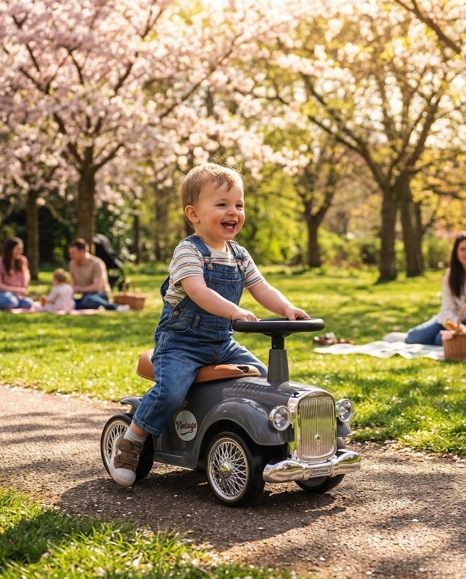 Retro Kleinkind Push Car Grau - Vintage Style Rutscher für Kinder ab 12 Monaten, Sound, Lagerung, Be