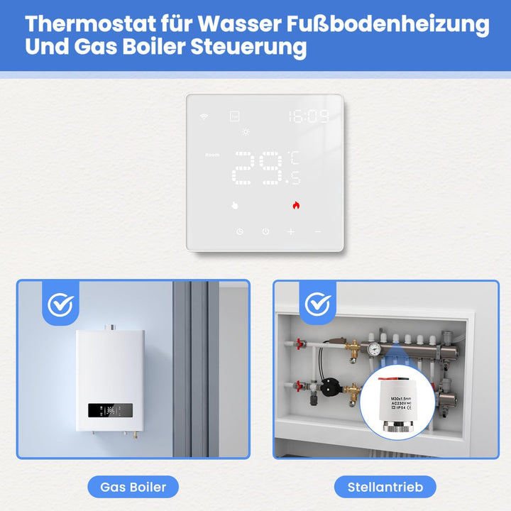 Smart WiFi Thermostat Für Wasser Fussbodenheizung und Gasboiler, Programmierbar Raumthermostat Unter