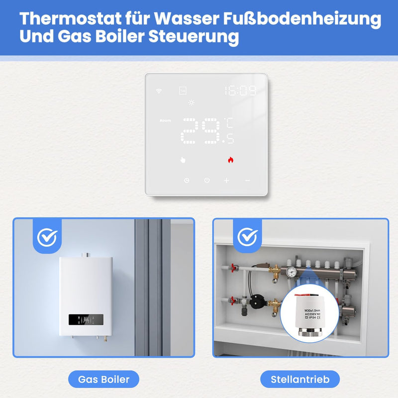 Smart WiFi Thermostat Für Wasser Fussbodenheizung und Gasboiler, Programmierbar Raumthermostat Unter