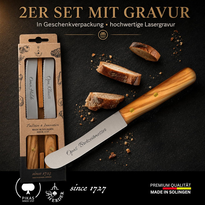Personalisiertes Frühstücksmesser Solingen mit Holzgriff (Olive, 1x Glattschliff) Olive 1x Glattschl
