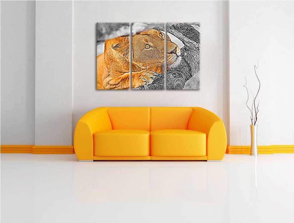 listige Löwin schwarz/weiss Deluxe 3-Teiler Leinwandbild 120x80 Bild auf Leinwand, XXL riesige Bilde