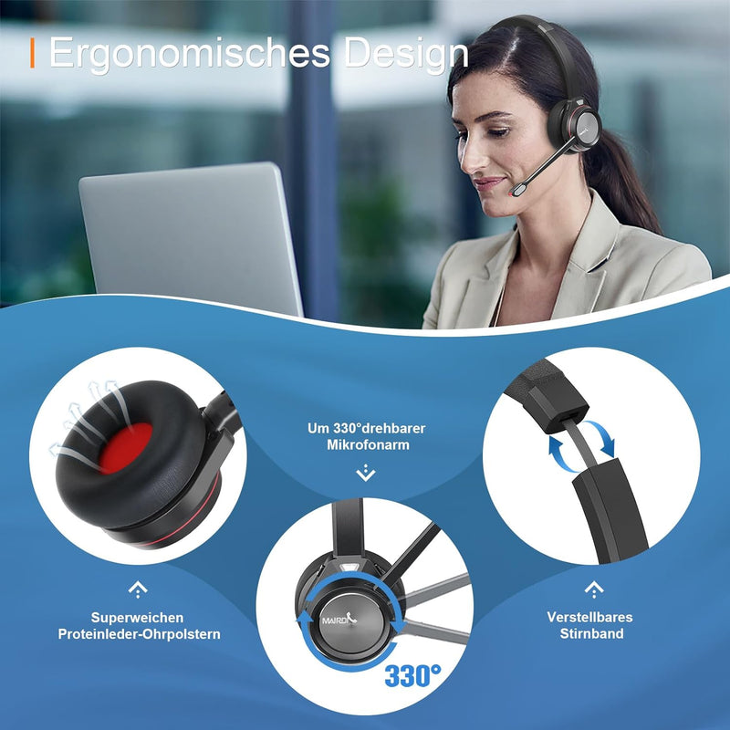 Bluetooth Headset mit Mikrofon Noise Canceling, Wireless Headset mit Eingebauter Bluetooth-Dongle fü