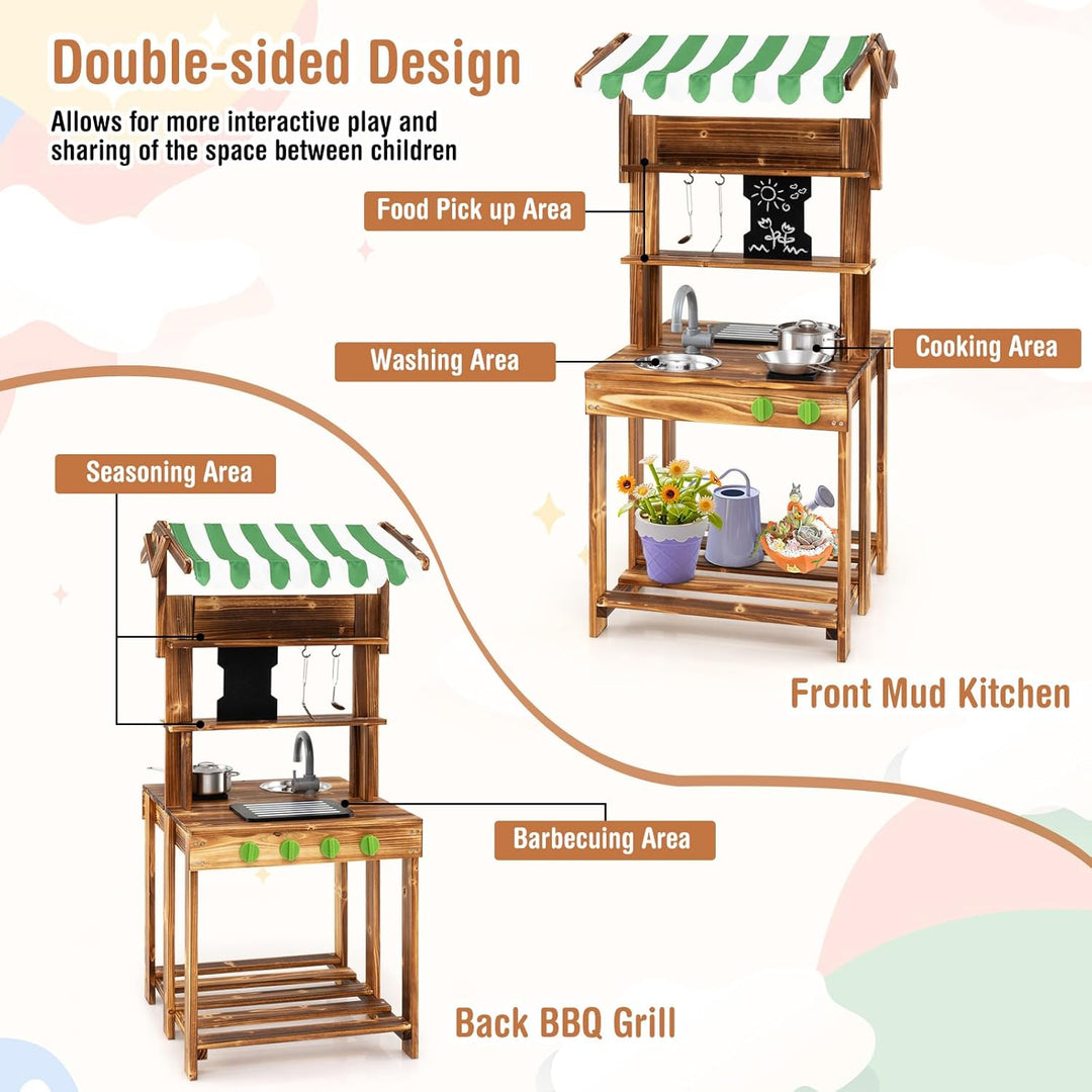 DREAMADE Matschküche Kinder Outdoor, Kinderküche mit Dach, Wasserhahn, Spüle, Tafel & Kindergrill, D