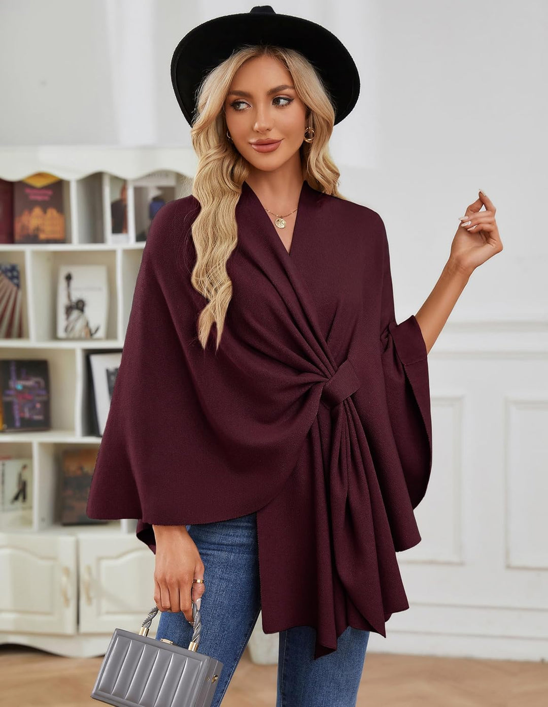 PULI Damen Elegant Poncho Strick Ponchos Capes Vorne öffnen Vielseitige Schalwickel mit Lasche Burgu