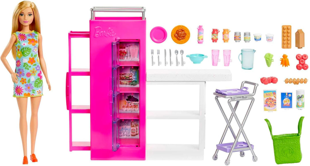 BARBIE Vorratskammer Spielset - Barbie Puppe mit über 25 Teilen und Küchenaccessoires - Perfekt für