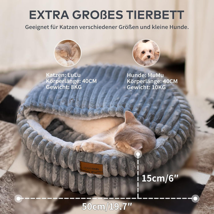 CheerPals Katzenbett mit Deckel 50cm, Waschbar Kuschelhöhle, Winterversteck mit Hochelastischer Schl