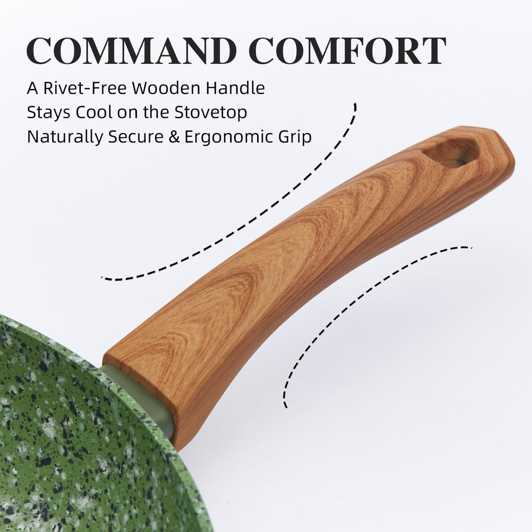 Leichte Antihaftbeschichtete Bratpfanne mit Holzgriff, Keramik-Aluminium, PTFE PFOA-frei, (24cm+28cm