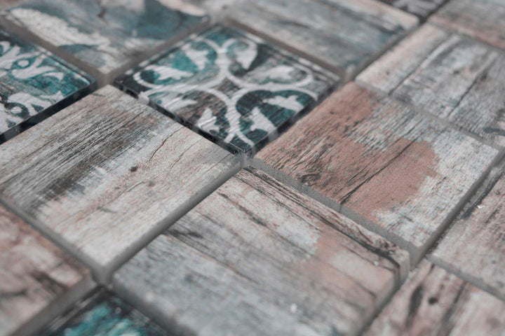 Mosaikfliese Glasmosaik Medio Vintage Patchwork grau braun pastell grün Holzoptik Ornament Küchenrüc