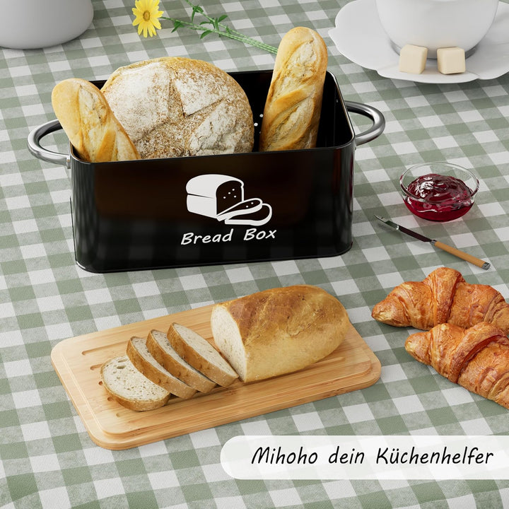 Mihoho Brotkasten aus Metall mit Bambus-Schneidebrettdeckel, Brotaufbewahrungsbehälter, moderner Küc