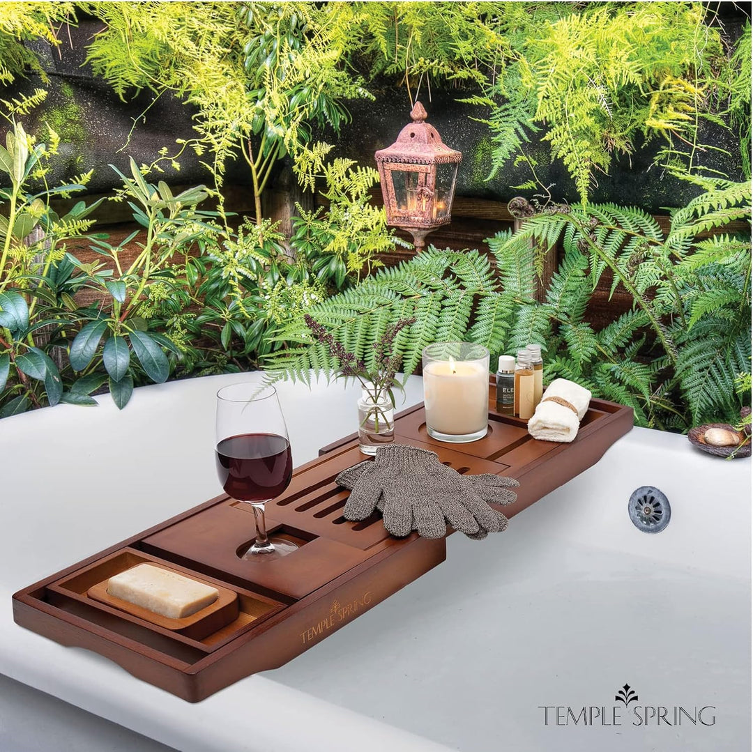 TEMPLE SPRING - Badewannenablage Bambus mit Kerzen-, Weinglas-, Buch-, Tablet-, iPad- und Telefonhal