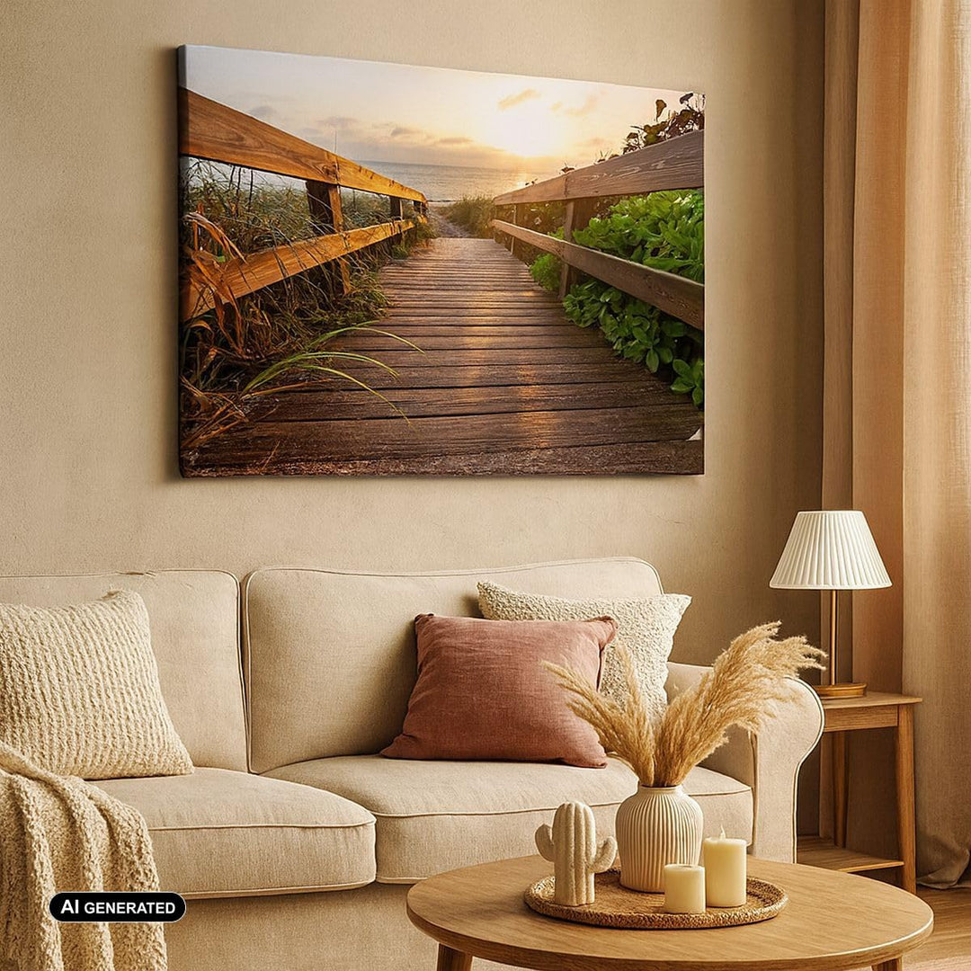 Bilder auf Leinwand 100x70cm Leinwandbild Fussgängerbrücke Meer Strand Ufer Gross Wanddeko Bild Schl