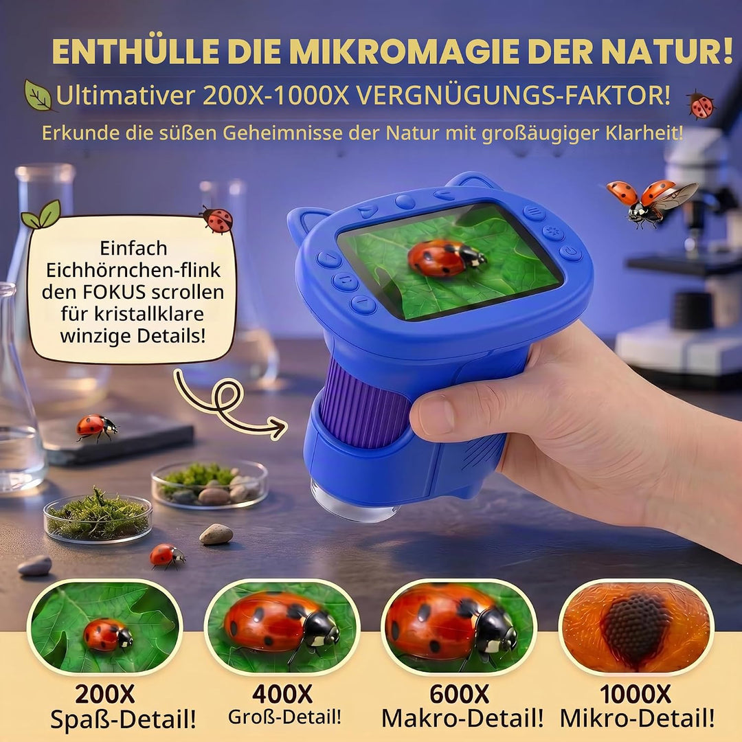 Mikroskop für Kinder, 1000X 4K Digitales Mini-Mikroskop mit 2,4″ IPS-Display, 8 LED Licht, USB-aufla