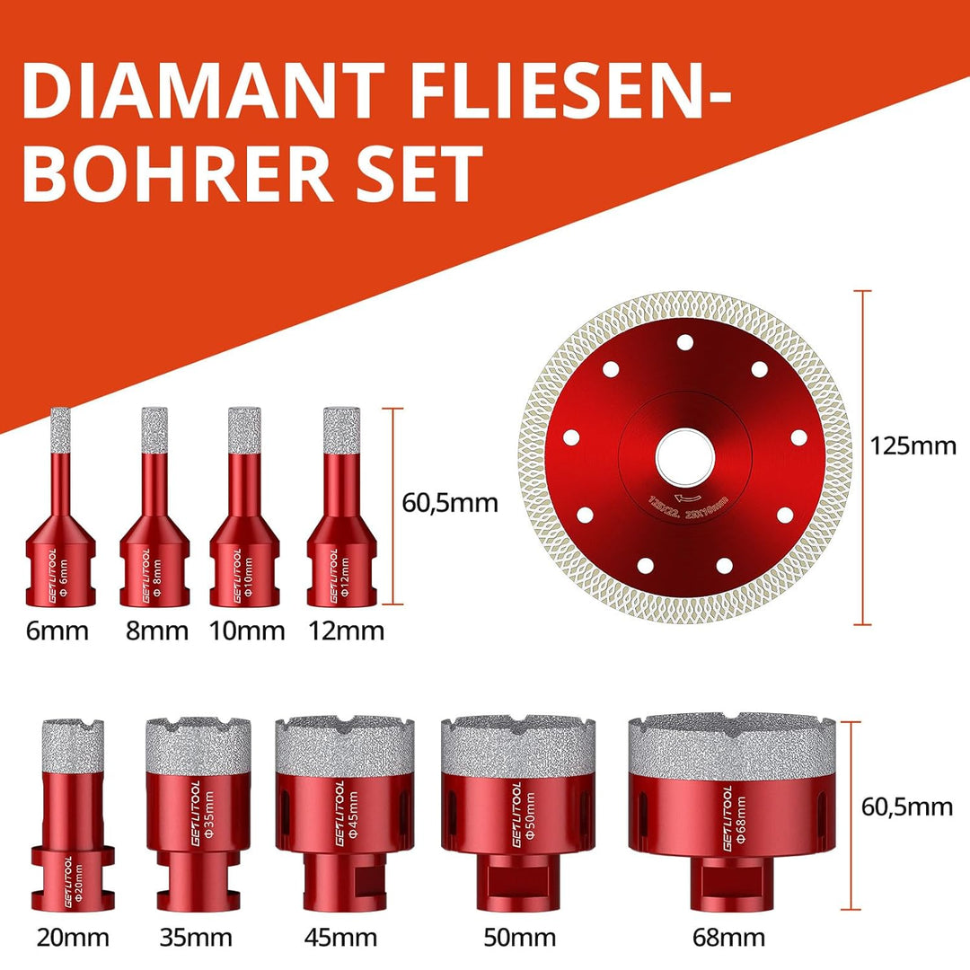 GETLITOOL 11tlg Diamant Fliesenbohrer Set 6-68mm, 125mm Trennscheibe, Diamant Lochsägeset für Porzel