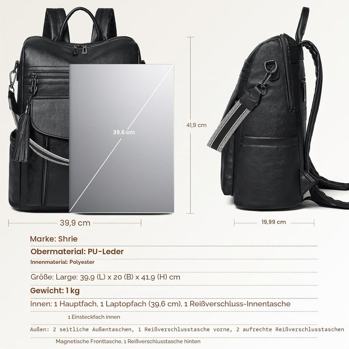 Shrrie Laptop-Rucksack für Damen, 15,6 Zoll Reise-Rucksack aus Leder, Handgepäck-Rucksack Computerta
