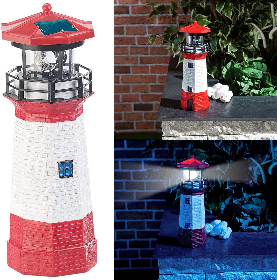 Lunartec Leuchtturm Deko Garten: 2er-Set Solar-Deko-Leuchttürme mit LED-Licht & drehendem Reflektor