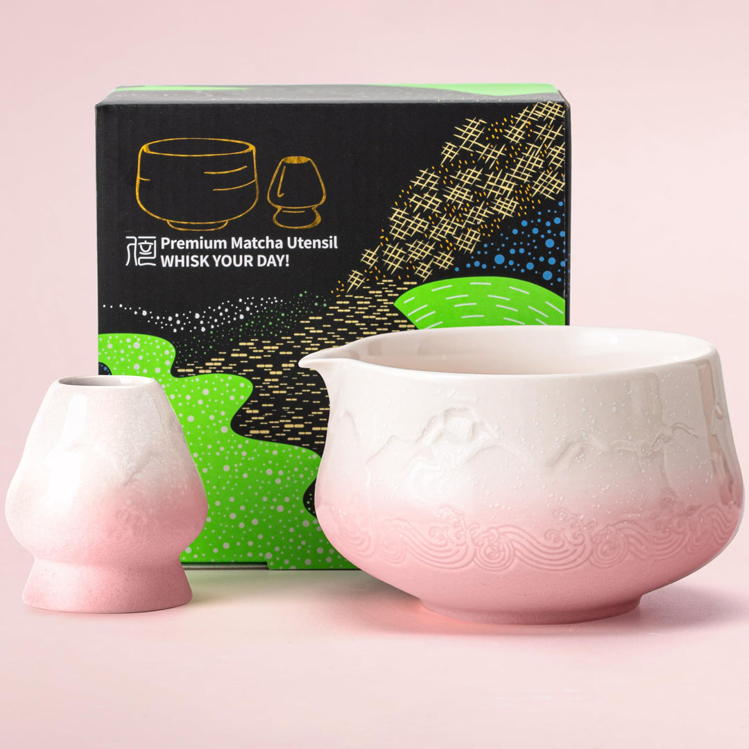 TEANAGOO Matcha Schale mit Ausgiesser,2-Pcs Fuji Design Keramik Schale und Schneebesen Halter(chawan