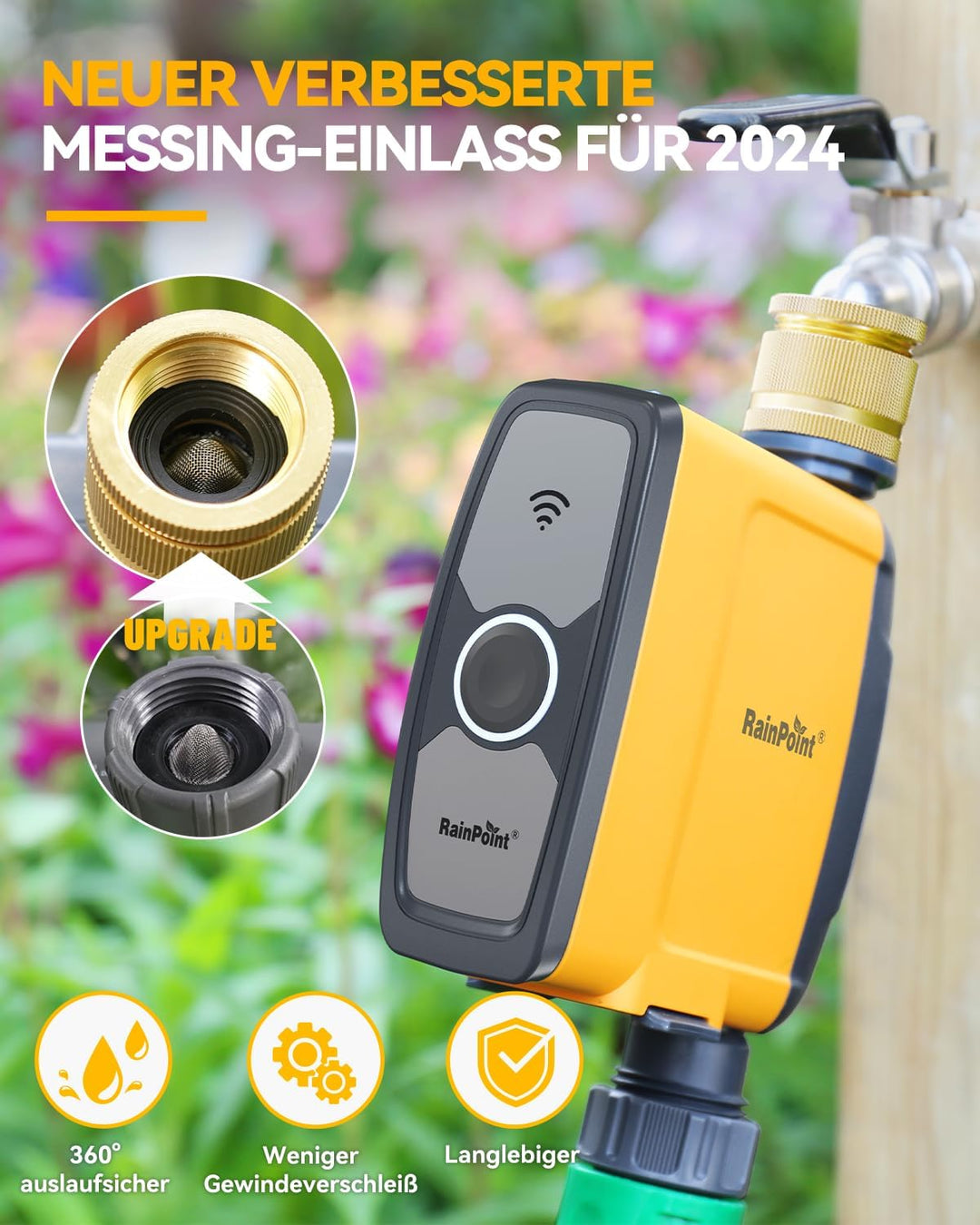 RAINPOINT Bewässerungscomputer WLAN 2,4 GHz mit Messingeinlass, Automatische Garten Bewässerungsuhr