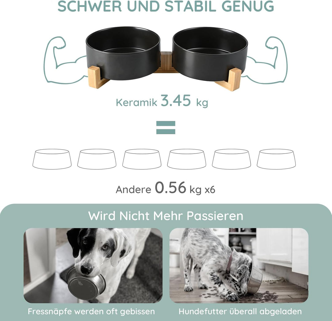 SPUNKYJUNKY Hundenapf Keramik Doppel Hund Futternapf mit Bambus Ständer für Grosse Hunde (1800ml, Sc