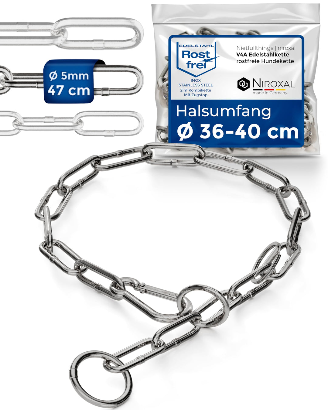 Kombikette für Hunde mit Halsumfang 36-40 cm aus Edelstahl V4A Hundekette mit Zugstop Kettenhalsband