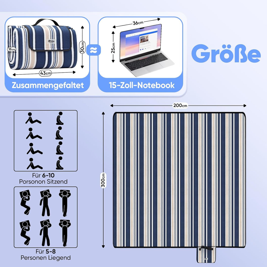Sekey Picknickdecke Wasserdicht 200x300cm, sandfeste Strandmatte, PEVA-Wasserdichter Untergrund, Str