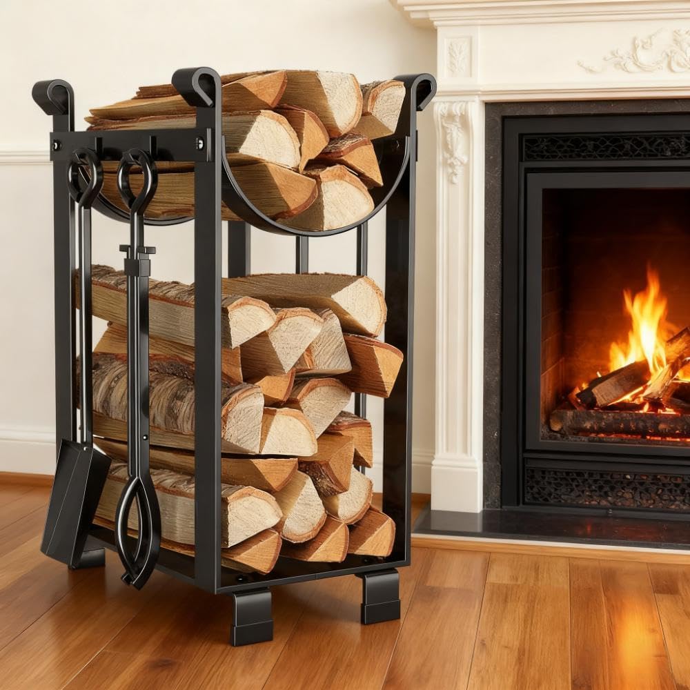 Amagabeli Kaminholzregal mit 4-teilig Besteck 78x29x35.8cm Innen Kaminholzständer Kamin Begleiter Se