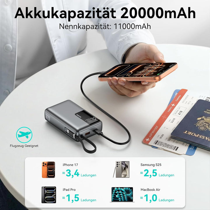 Power Bank, 65W 20000mAh Powerbank Schnellladefunktion USB C PD3.0 & QC4.0 Tragbarer Externer HandyA