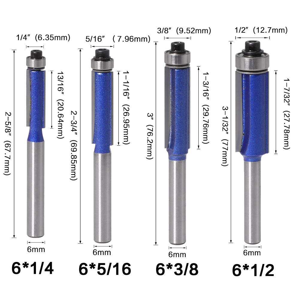BIGP 4Pcs 6mm Schaft Bündigfräser, 1/4" 5/16" 3/8" 1/2" Schneiden Durchmesser Holz Fräser Router Bit