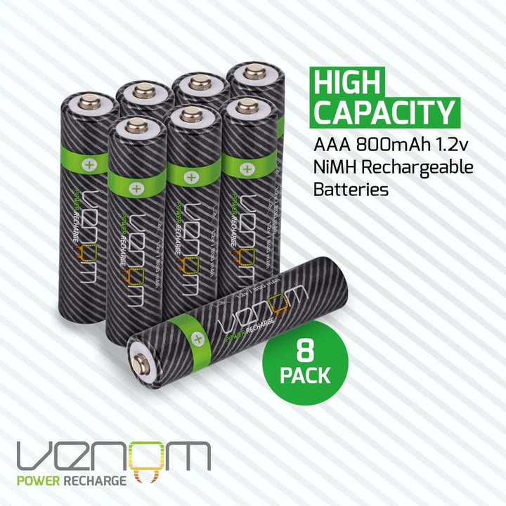 Venom 8-Wege-Ladestation mit 8 x wiederaufladbaren AAA-Batterien mit hoher Kapazität von 800 mAh. Ch