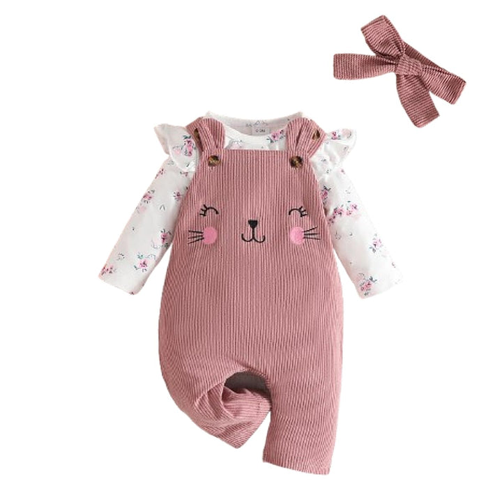 3tlg Baby Mädchen Kleidung Outfits Set Blumen Strampler Tops+ Einstellbare Overalls Pants+Stirnband