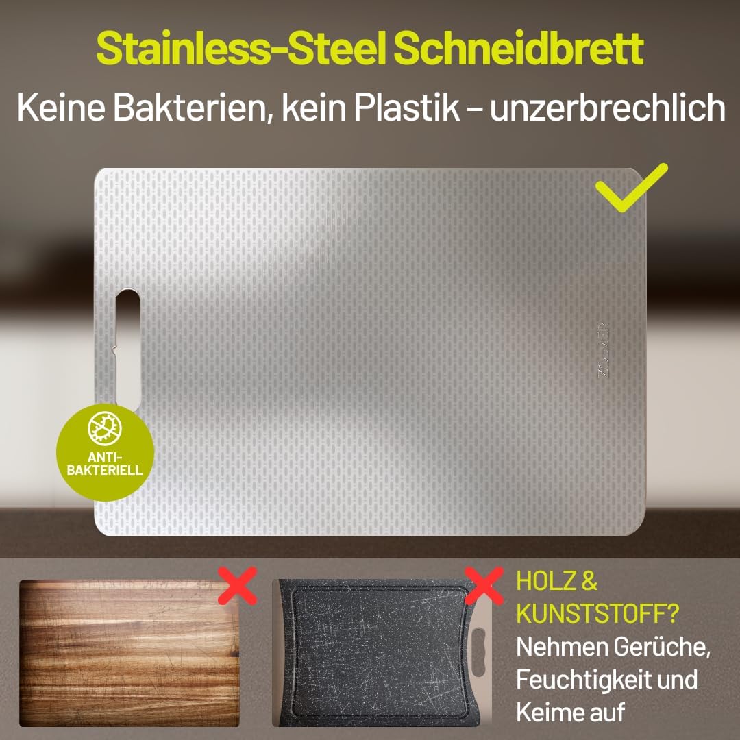 Edelstahl Schneidebrett 34×23 cm – Leicht &amp; antibakteriell, Metall Schneidebrett mit Anti-Scratch-Mu