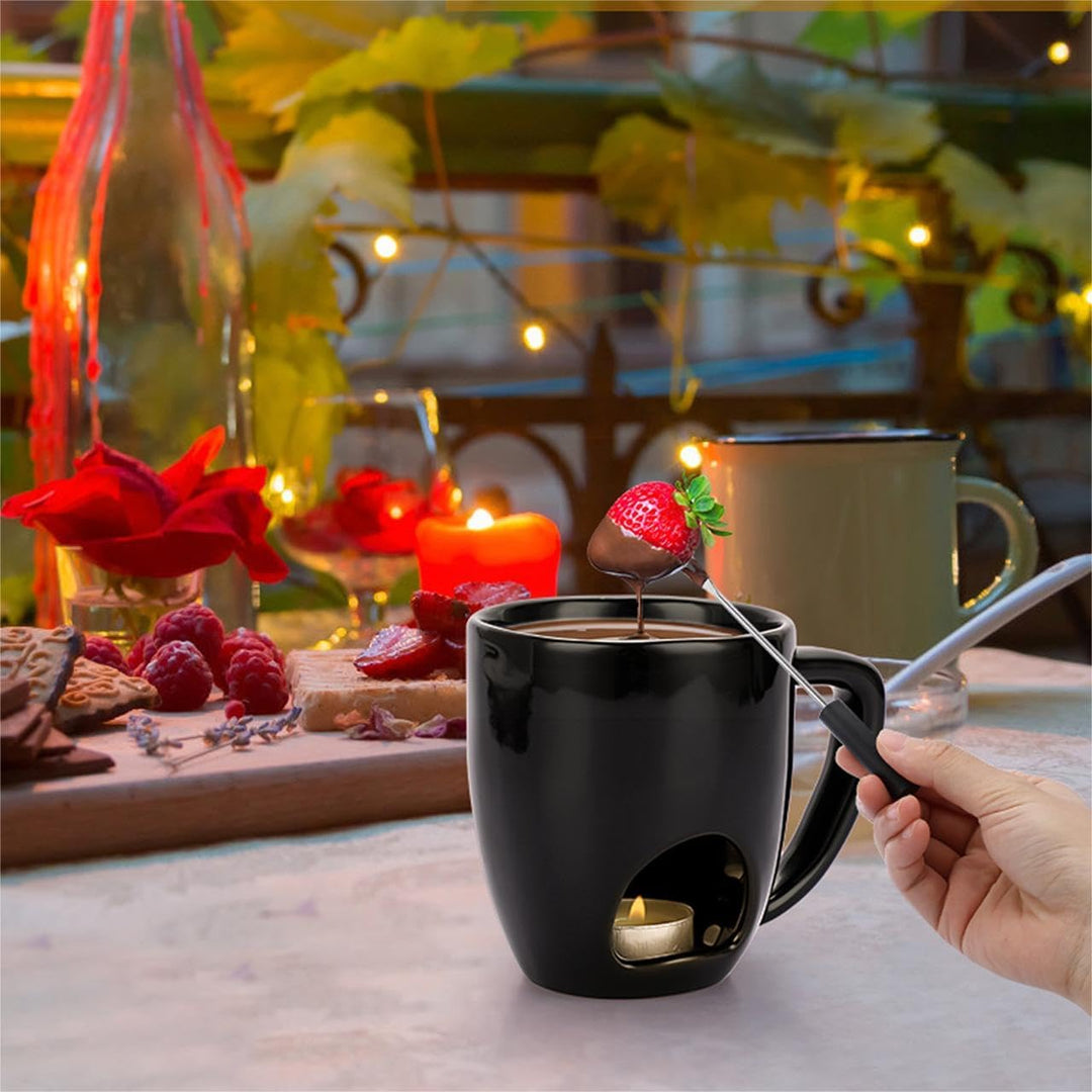 Keramik-Schokofondue-Becher-Set Schwarzer Schokoladenschmelz-Becher mit Doppelter Öffnung Käsefondue