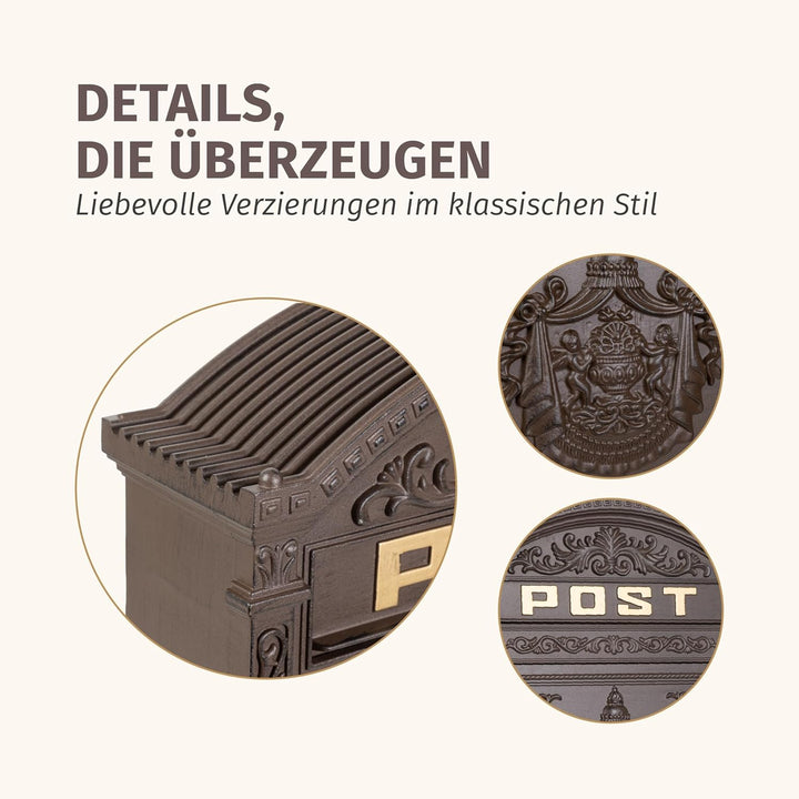 Briefkasten braun Englischer Postkasten Antik Stil aus Aluguss zur Wandmontage Nostalgie Standarform