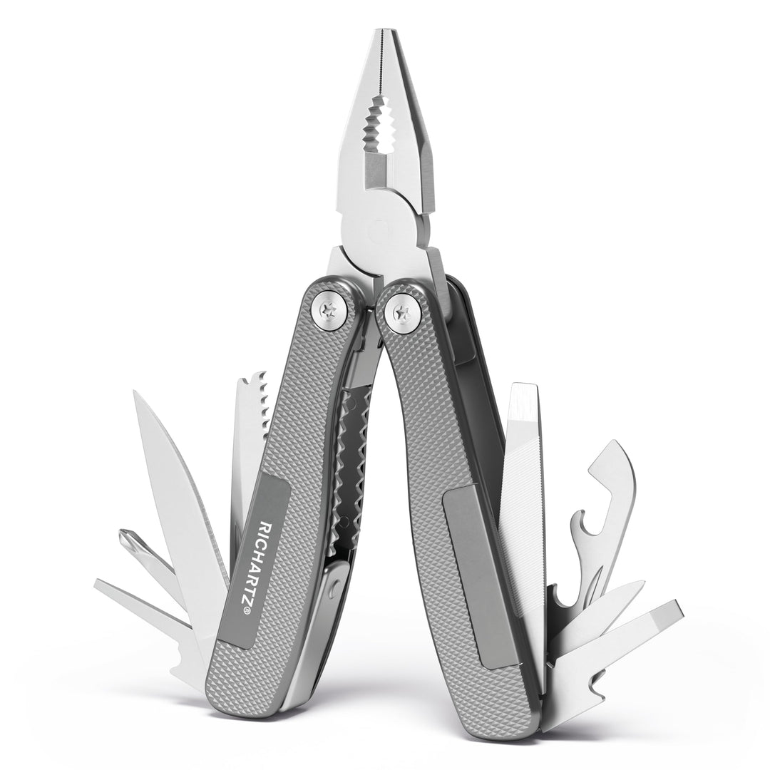 WORKER tool | Multitool mit Safety-Lock Verriegelung | 12 Funktionen | Edelstahlgriffe mit fein stru