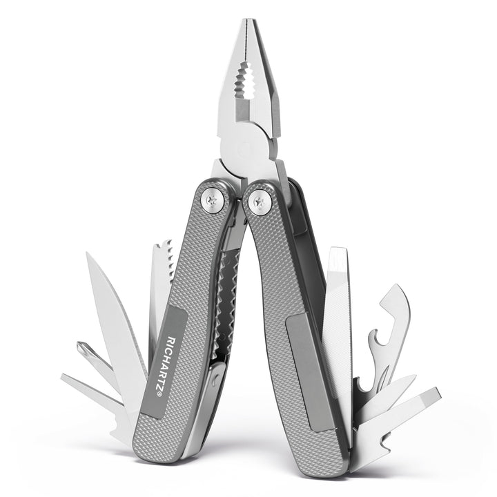 WORKER tool | Multitool mit Safety-Lock Verriegelung | 12 Funktionen | Edelstahlgriffe mit fein stru