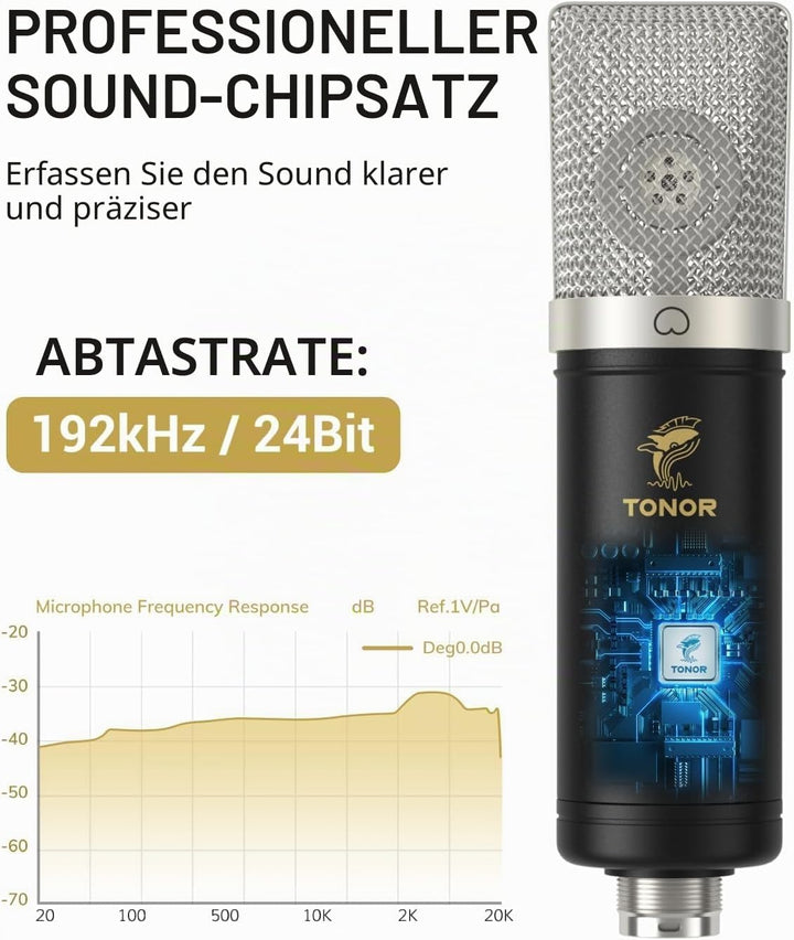 TONOR Grossmembran USB Mikrofon PC Set, Kondensator Microphone 192 kHz/24 Bit Computer Podcast Mikro