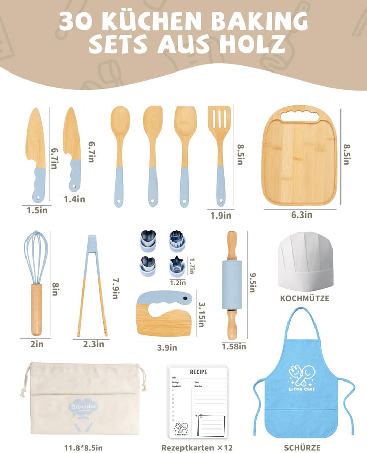 Kindermesser Set – 30-teilig mit sicherem Kiddikutter, Holzmesser Schneidebrett – Montessori Küchens