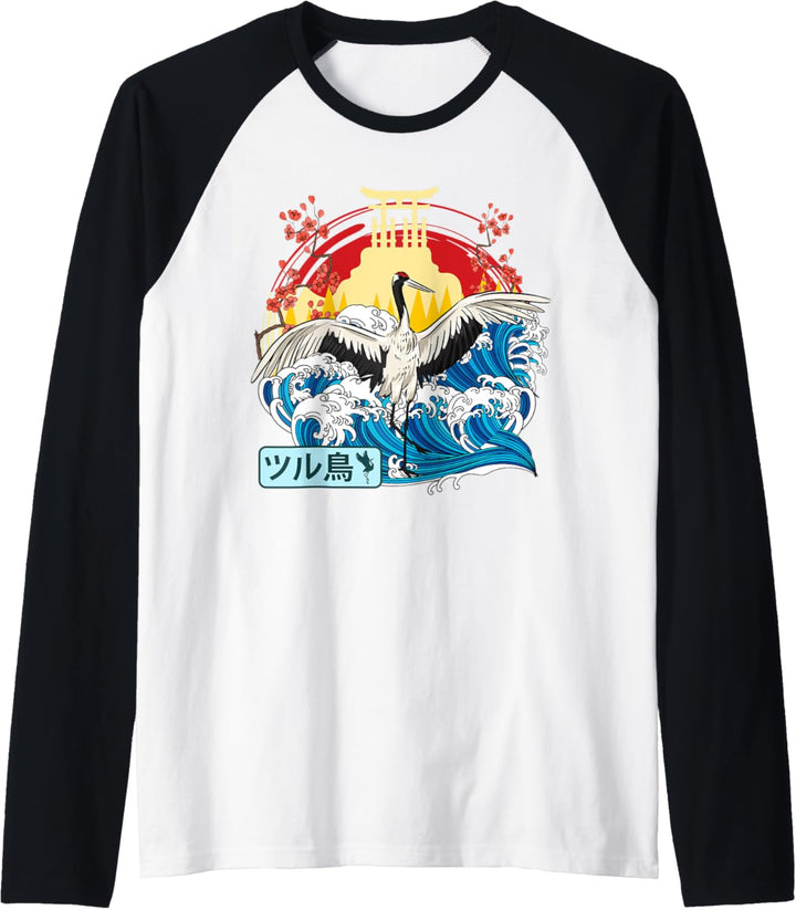 Japanischer Kranich Vogel Great Wave Kanagawa Japan Vintage Art Raglan