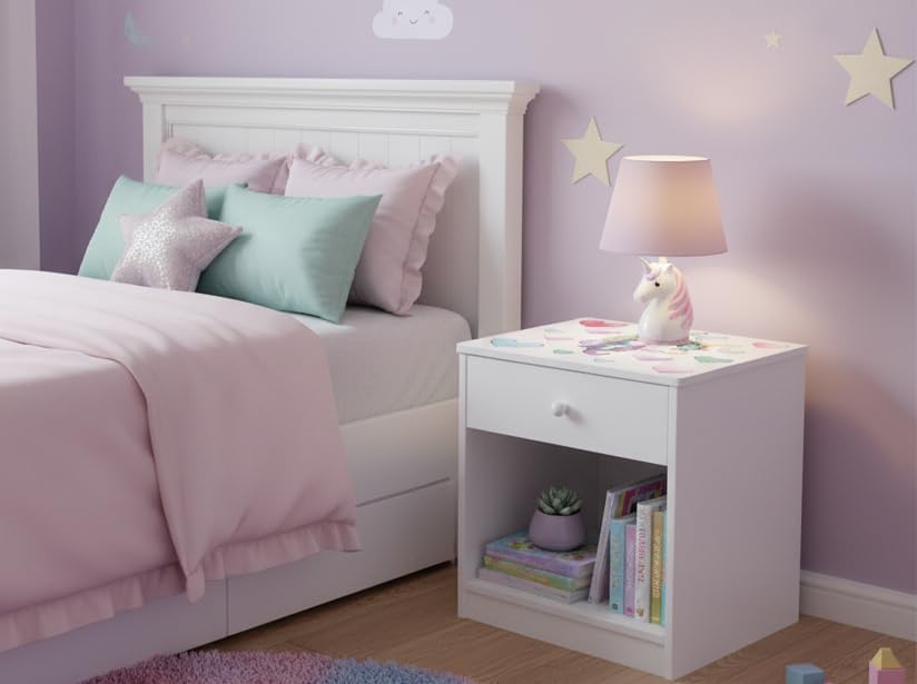 Leomark Nachttisch aus Holz - Einhorn - Nachtschränkchen mit Schublade, Nachtschrank für Kinder, Wei