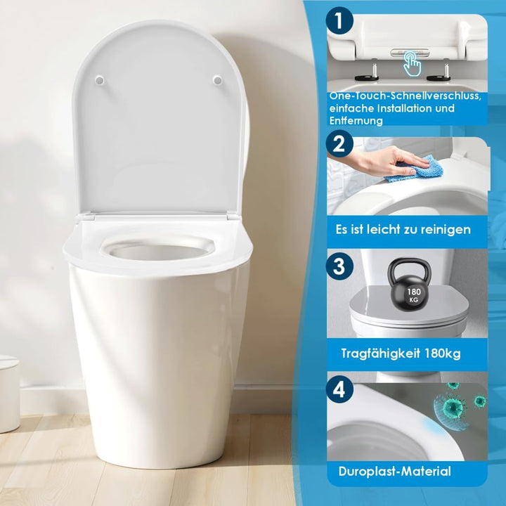Duroplast WC-Sitz D-Form mit Absenkautomatik, Edelstahlscharnier, One-Touch-Schnellverschluss und ei