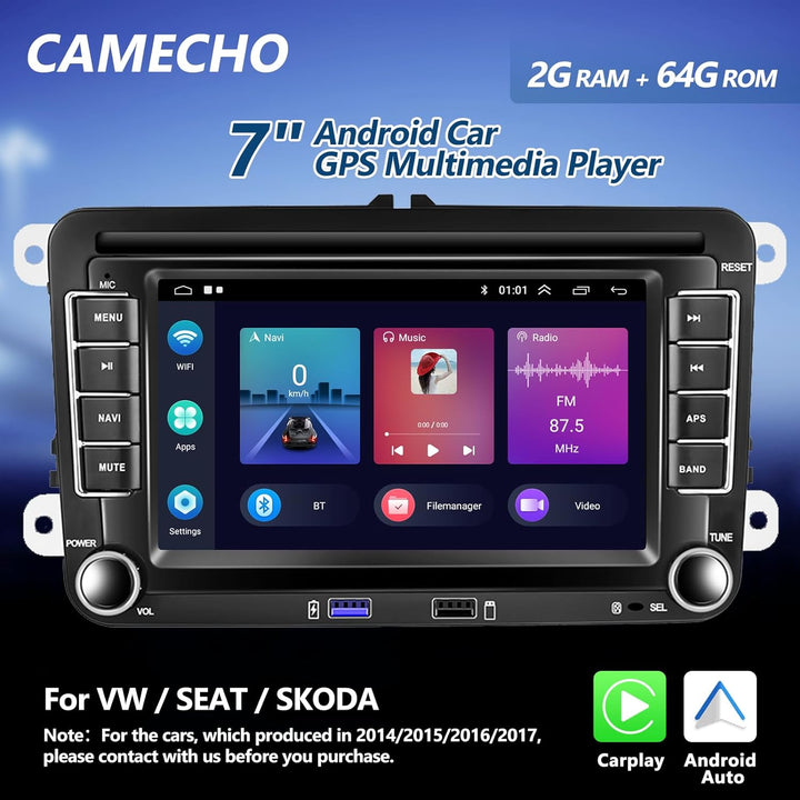 [2G+32G] CAMECHO Android 11 Autoradio mit Carplay für VW Golf 5 Golf 6 Skoda,Autoradio mit 7 Zoll Bi