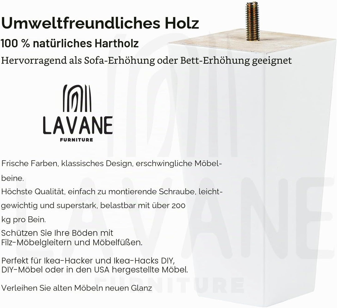 La Vane 4 Stück Möbelfüsse aus Massivholz - 15cm Höhe, Weiss, Pyramidenform mit M8 Gewindebolzen &amp; M