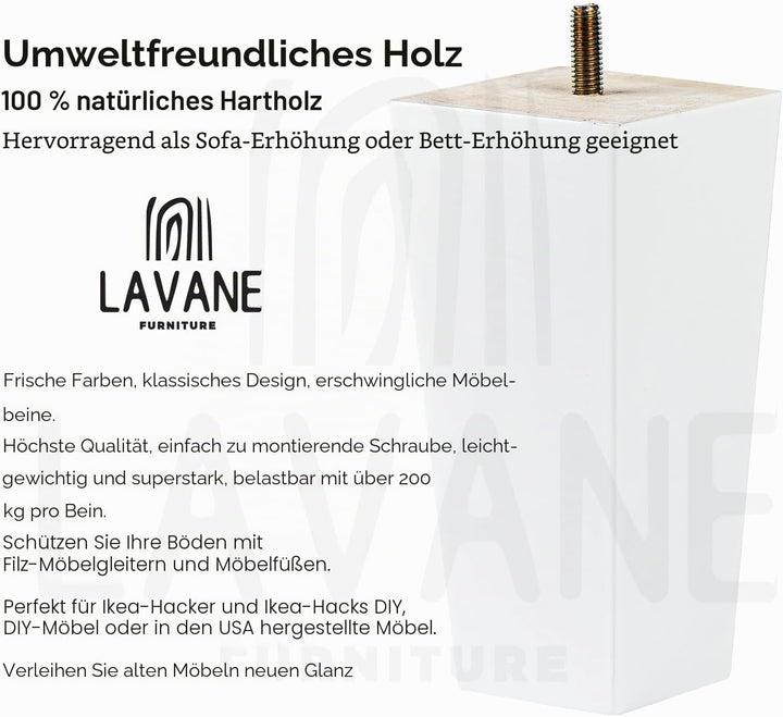 La Vane 4 Stück Möbelfüsse aus Massivholz - 15cm Höhe, Weiss, Pyramidenform mit M8 Gewindebolzen &amp; M