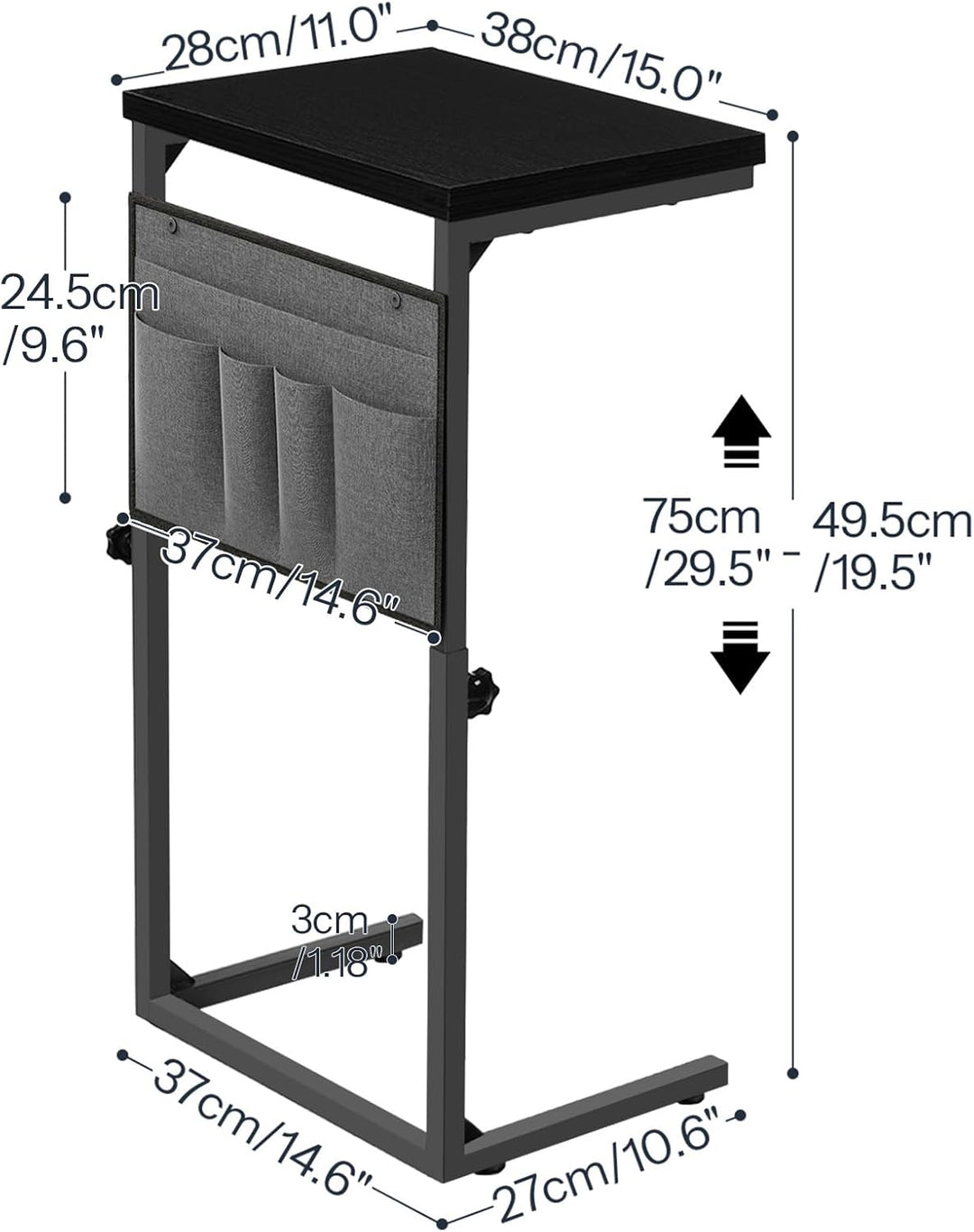 HOOBRO C-Form Beistelltisch, Höhenverstellbar 50–75 cm, Sofatisch, Couchtisch mit 5 Oxford-Stofftasc