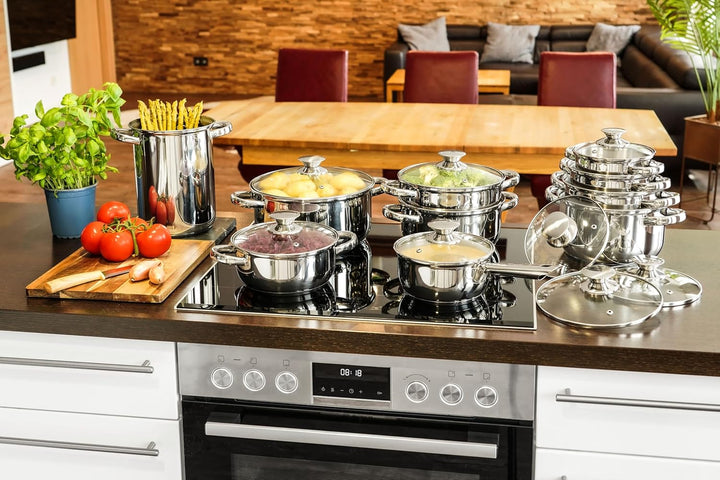 Kopf Topfset Janina 19-teilig aus Edelstahl, Induktion-Kochtopf-Set, 7X Töpfe, 1x Spargelotpf, 1x St