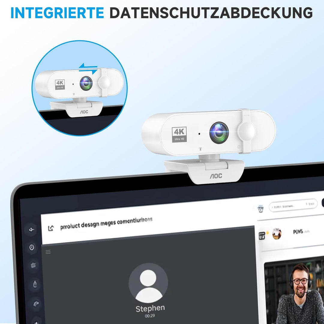 AOC 4K Webcam mit Mikrofon, Autofokus, Automatische Lichtkorrektur, 99° Ansicht, Objektivabdeckung,