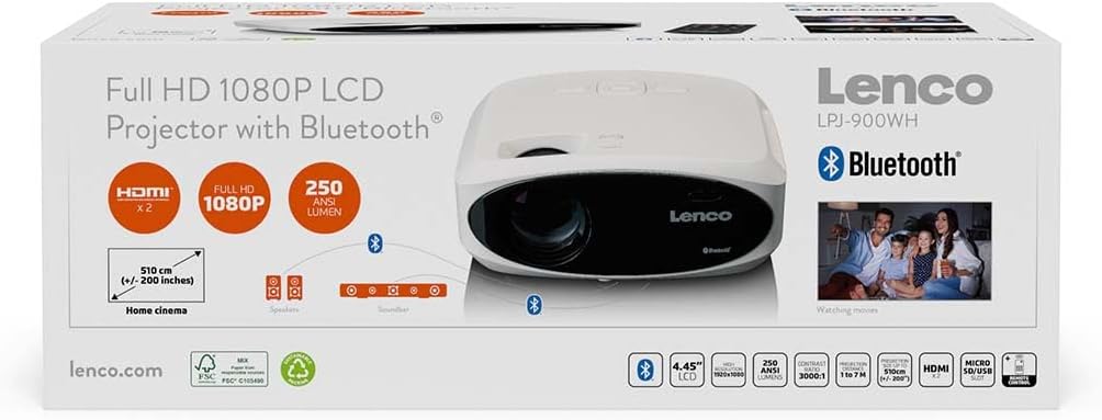 Lenco LPJ-900WH Full HD LCD-Projektor, 1920x1080, 250 ANSI Lumen, Bluetooth 5.0, Weiss, 510 cm Proje