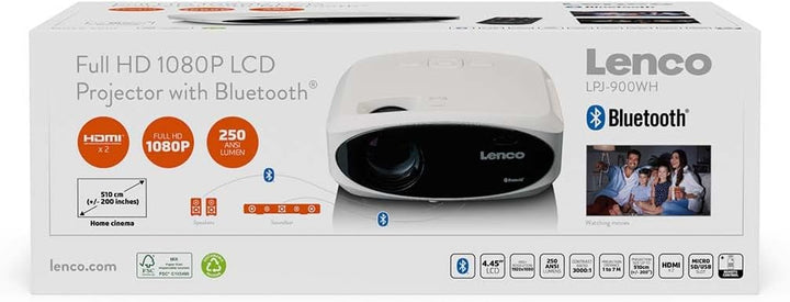 Lenco LPJ-900WH Full HD LCD-Projektor, 1920x1080, 250 ANSI Lumen, Bluetooth 5.0, Weiss, 510 cm Proje