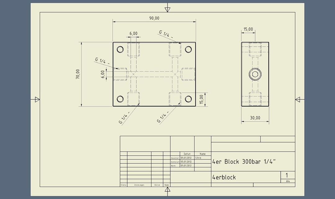 HTD Verteilerblock für Hochdruck Betriebsdruck 300bar 6 Anschlüsse mit R1/4" Innengewinde